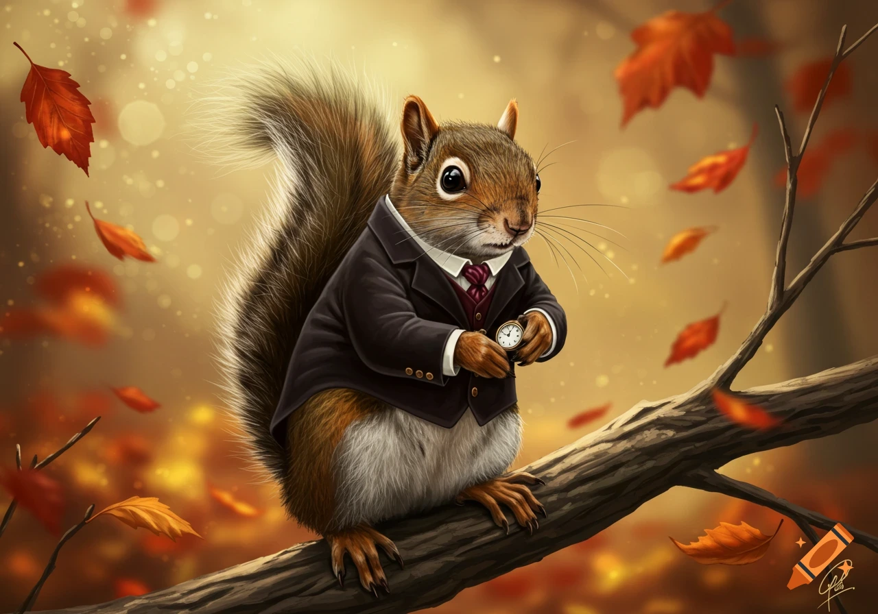 A dapper squirrel in a suit holds a pocket watch while perched on a tree branch amidst falling autumn leaves in a detailed illustration.