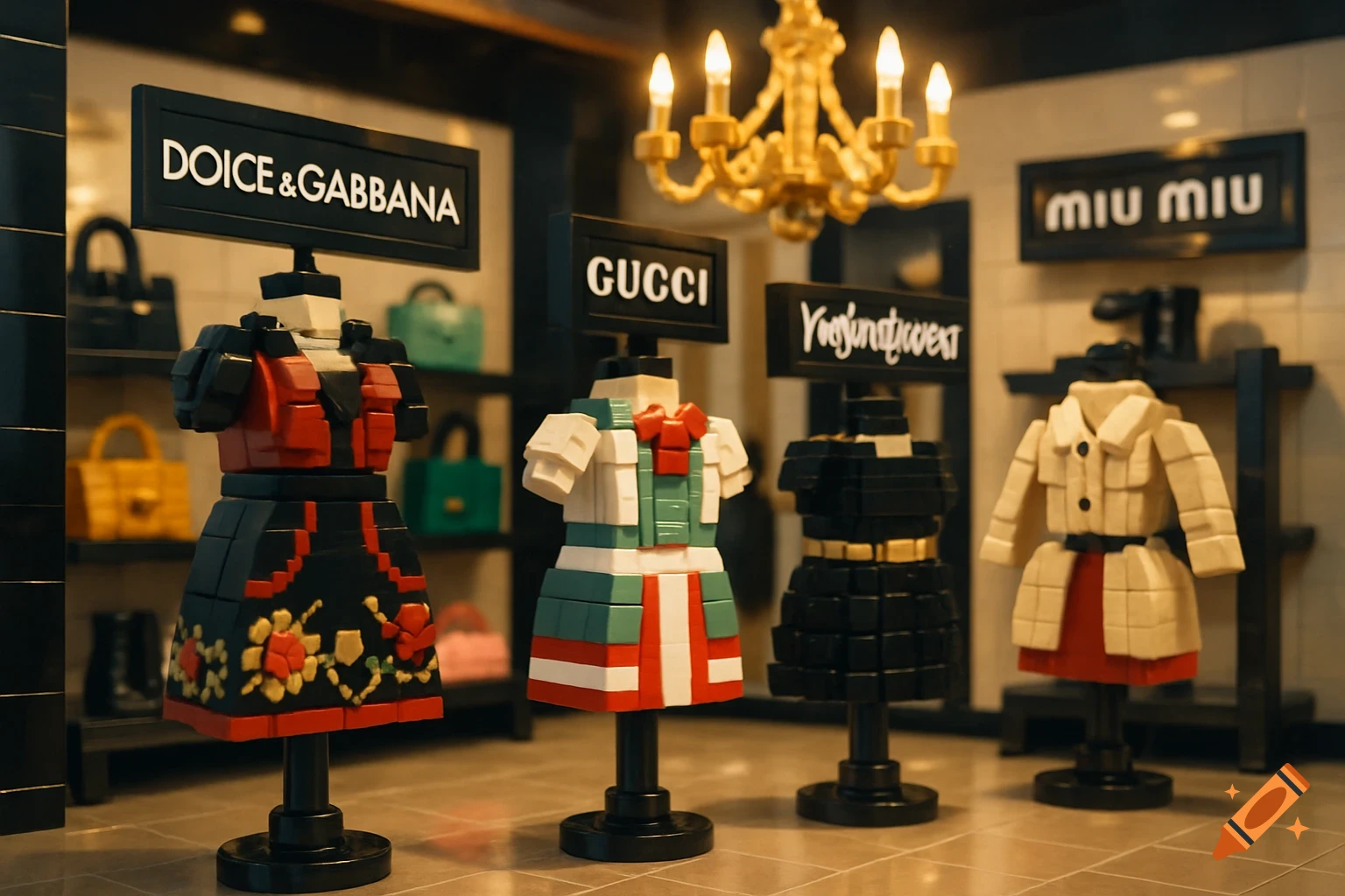 Lego mannequins displaying luxury brand outfits in a high-end boutique with chandeliers.