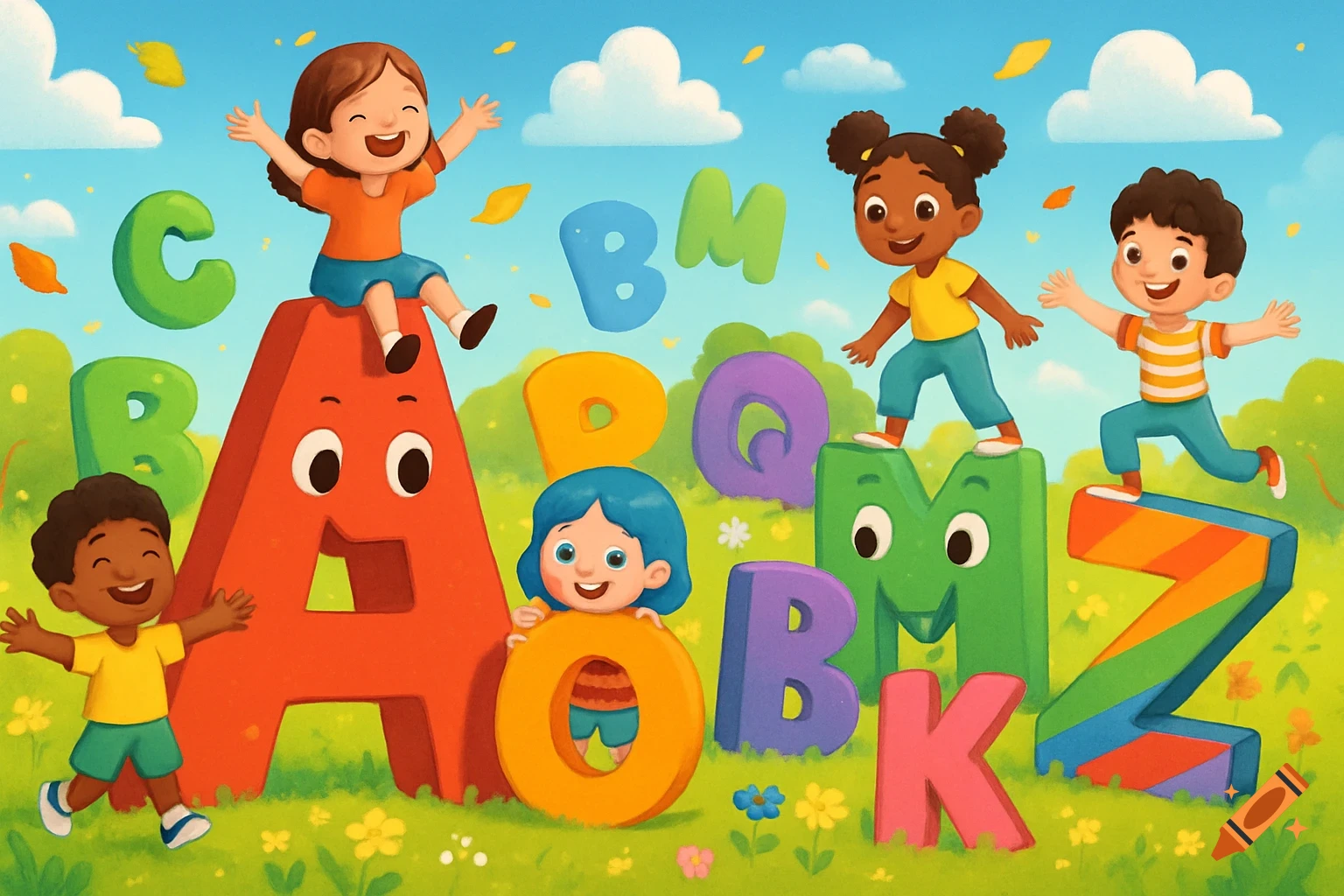 Cartoon illustration of diverse happy kids playing among large, colorful alphabet letters in a sunny field.
