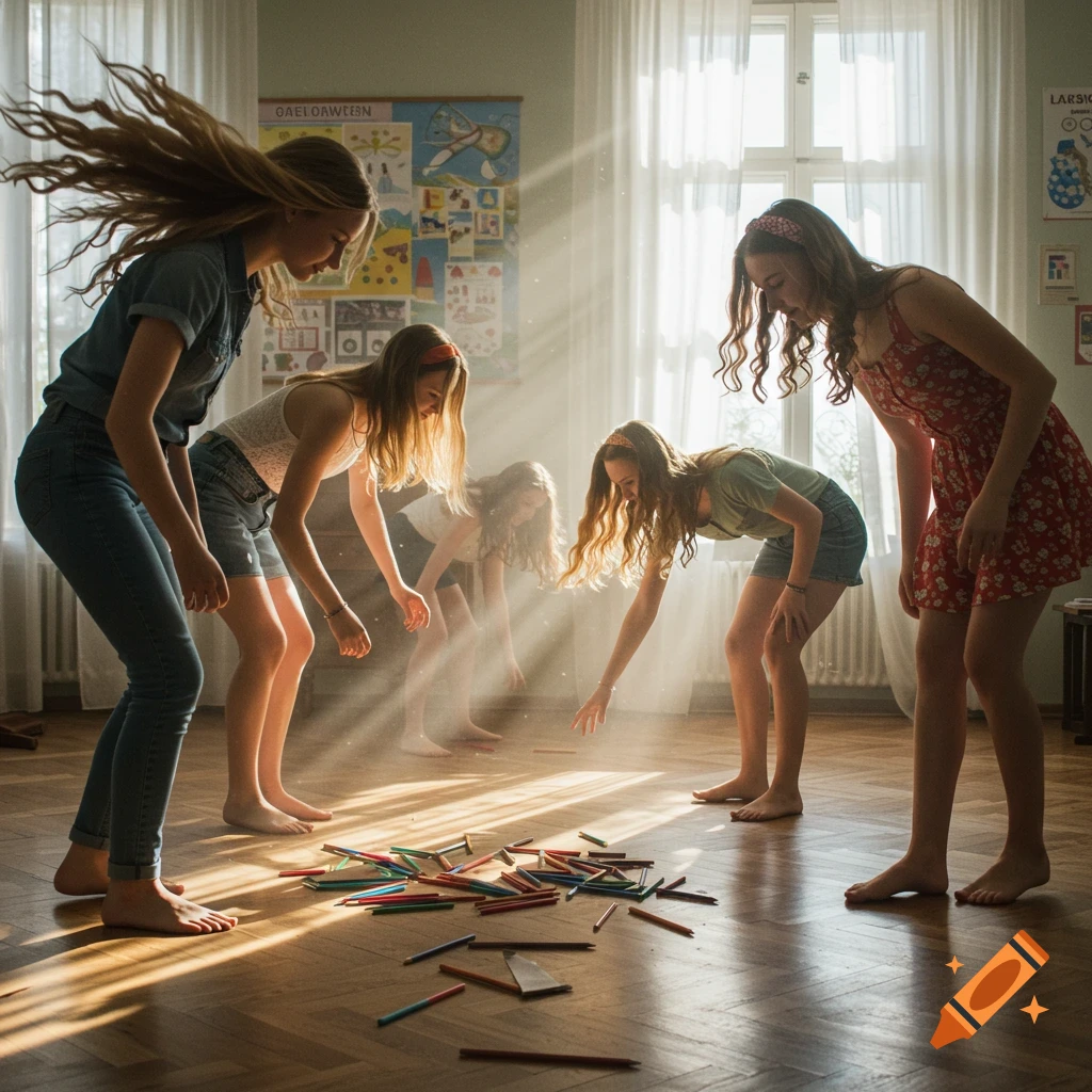 Several young girls bend over to pick up scattered colored pencils from a sunlit wooden floor in an indoor setting.