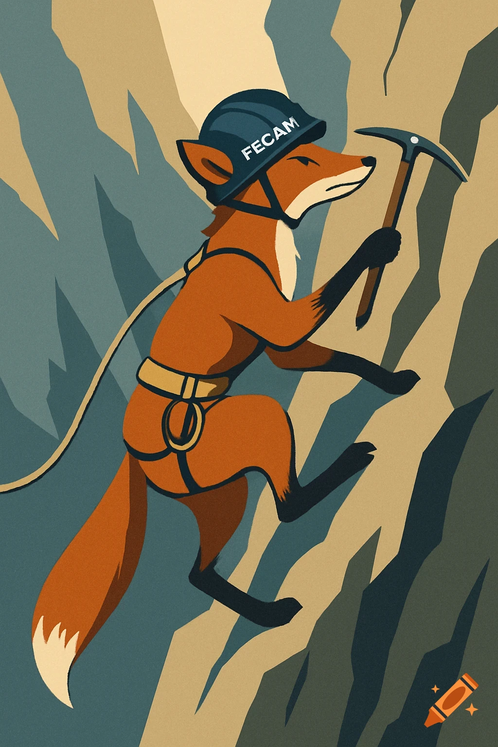 An illustrated fox in a dark blue helmet, harness, and holding an ice axe, climbing a cliff in a graphic design style.