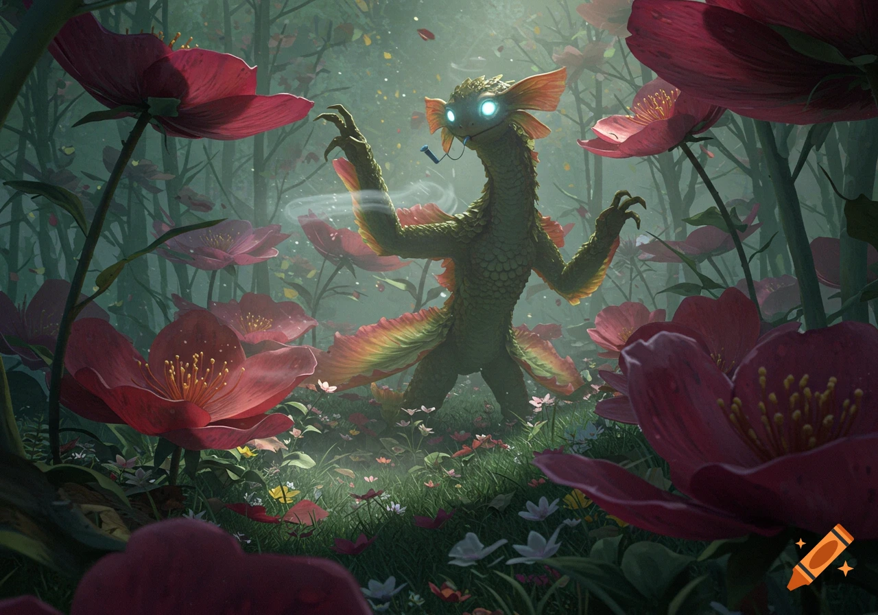 A lizard-like fantasy creature with glowing eyes and a pipe stands in a magical forest filled with large red and pink flowers.