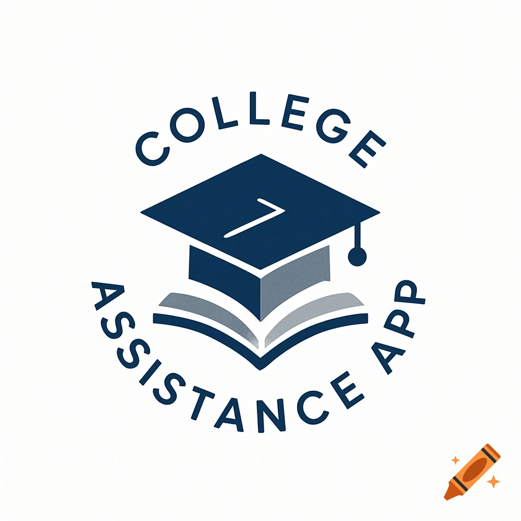 A blue and grey logo for a "COLLEGE ASSISTANCE APP" features a graduation cap atop an open book.