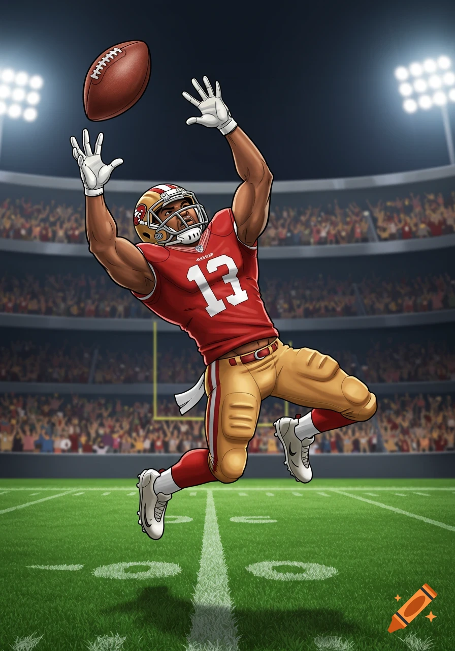 Cartoon football player in a red and gold uniform, number 13, jumping to catch a football in a stadium under lights.