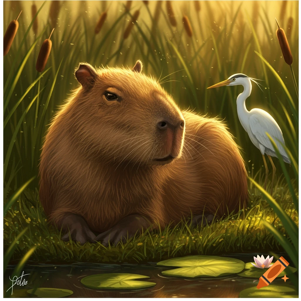A fluffy capybara rests by water lilies with a white heron standing in tall reeds, bathed in golden sunlight.