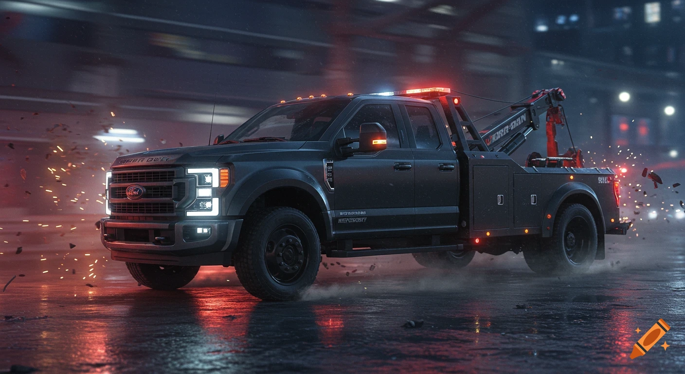 An ultra-realistic, cinematic rendering of a matte black Ford F-550 tow truck with flashing lights during a nighttime repossession, with sparks flying and motion blur.