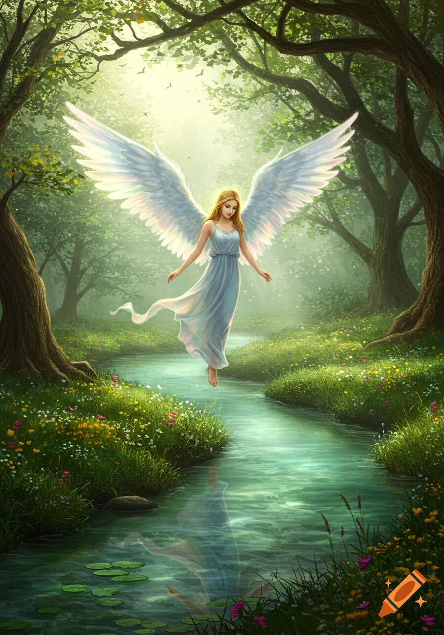 A golden-haired angel with large white wings hovers gracefully over a tranquil creek in a lush, sunlit forest.