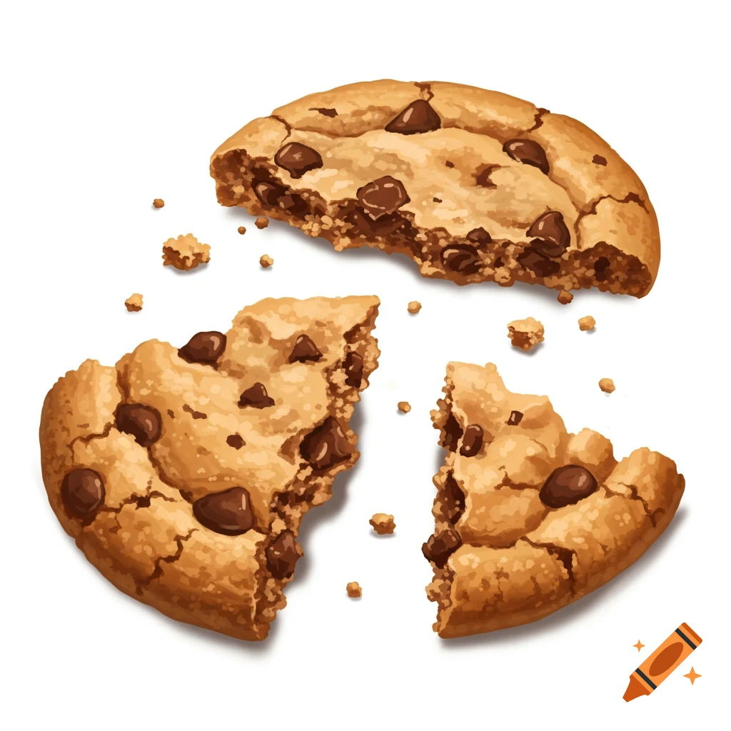 A chocolate chip cookie broken into three pieces with crumbs scattered on a white background, illustrated in a realistic style.