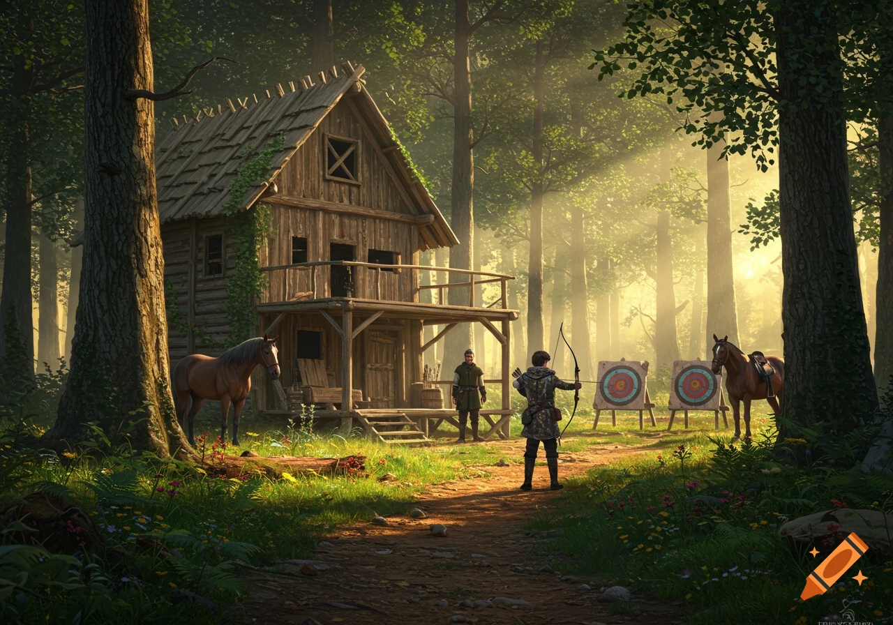 A trainee hunter in camouflage aims a bow at archery targets on a sunny forest path near a wooden hut, with another hunter and horses nearby.