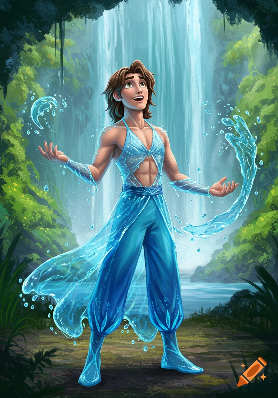 A cartoon male character with brown hair, dressed in a blue water-themed outfit, manipulates water against a jungle waterfall background.