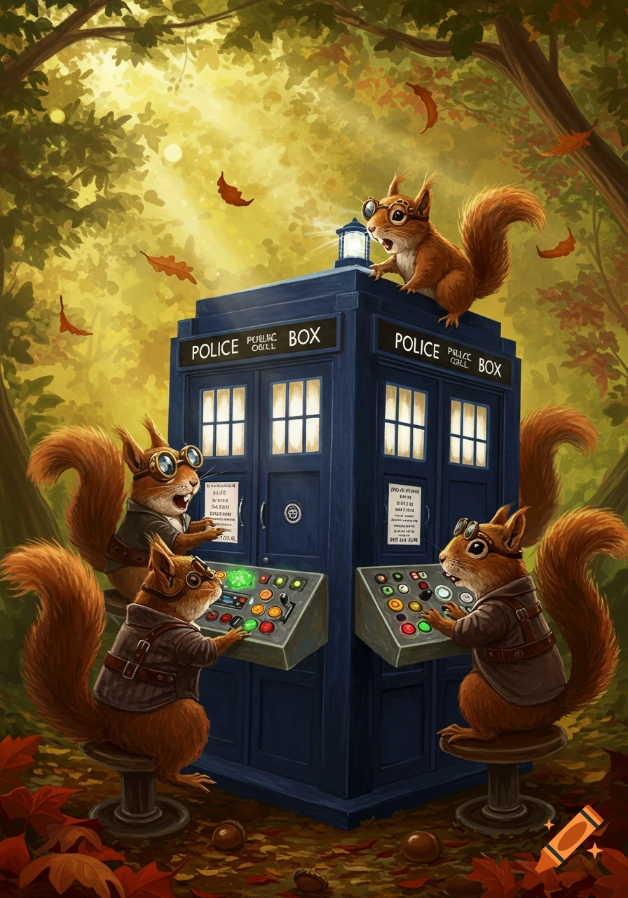 Four steampunk squirrels operate a TARDIS in a sunlit autumn forest, with fallen leaves and acorns on the ground.