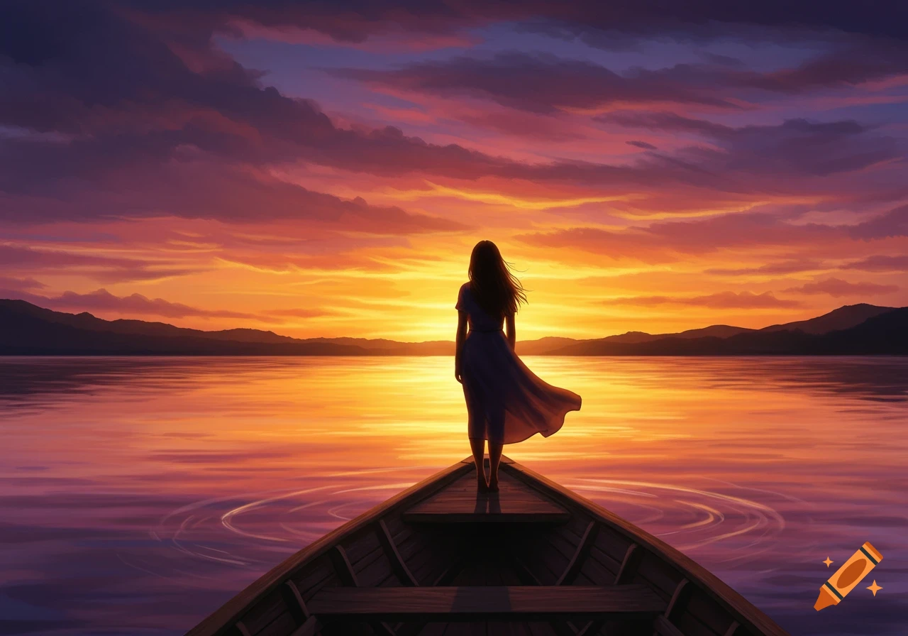 Digital painting of a lone woman standing in a boat on a lake, facing a vibrant orange and purple sunset over mountains.