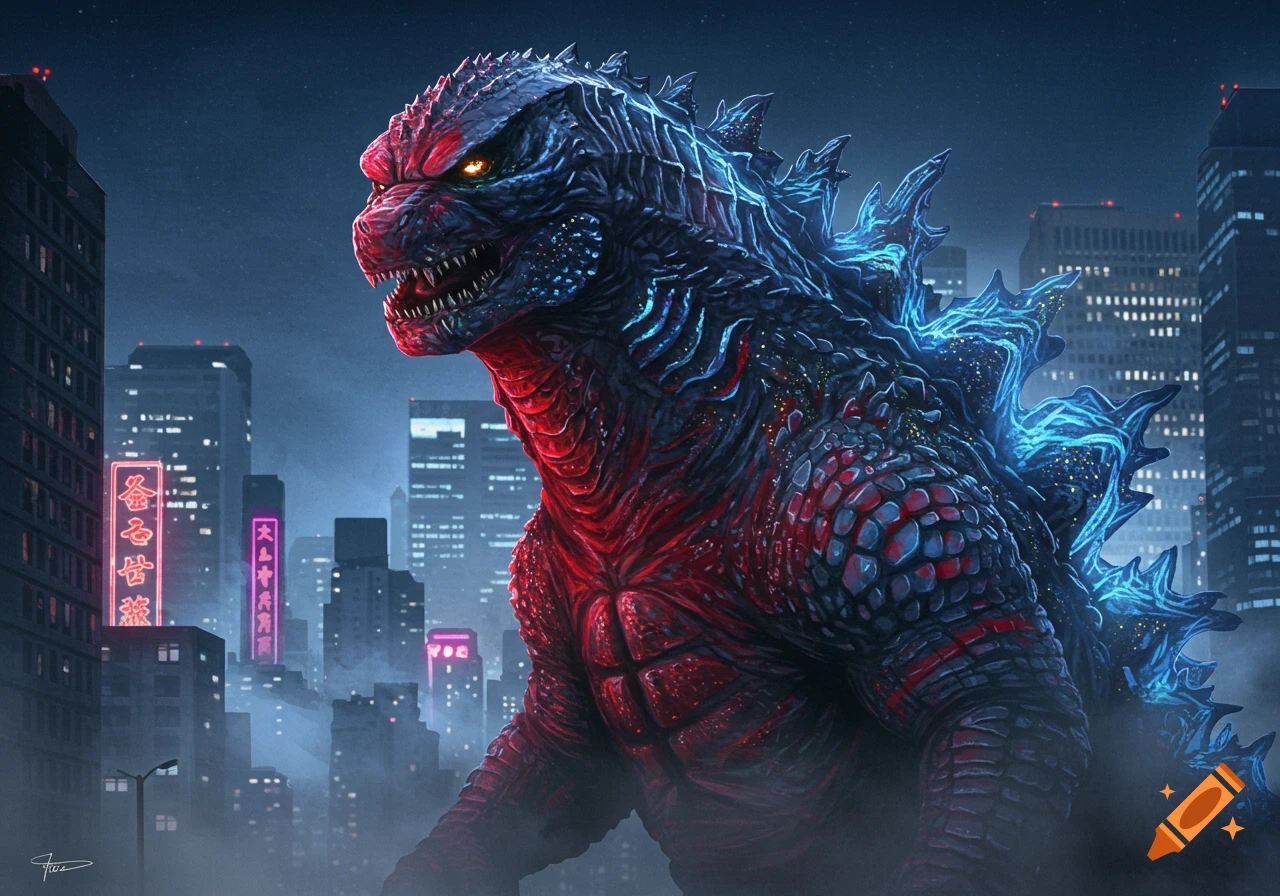 A stylized Godzilla, glowing red and blue, stands in a misty city at night with neon signs in the background.