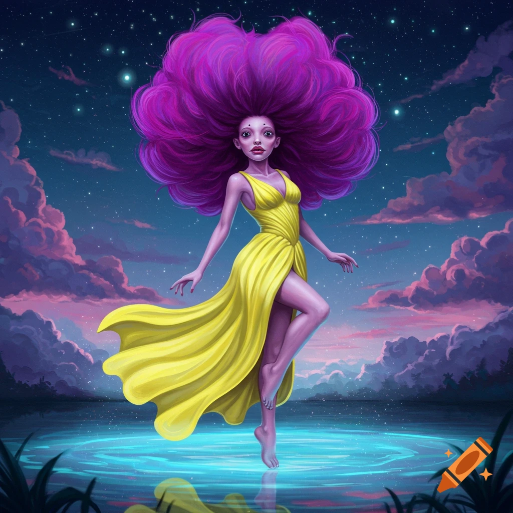 A stylized woman with large purple hair and a yellow dress stands in glowing water under a starry, cloudy night sky.