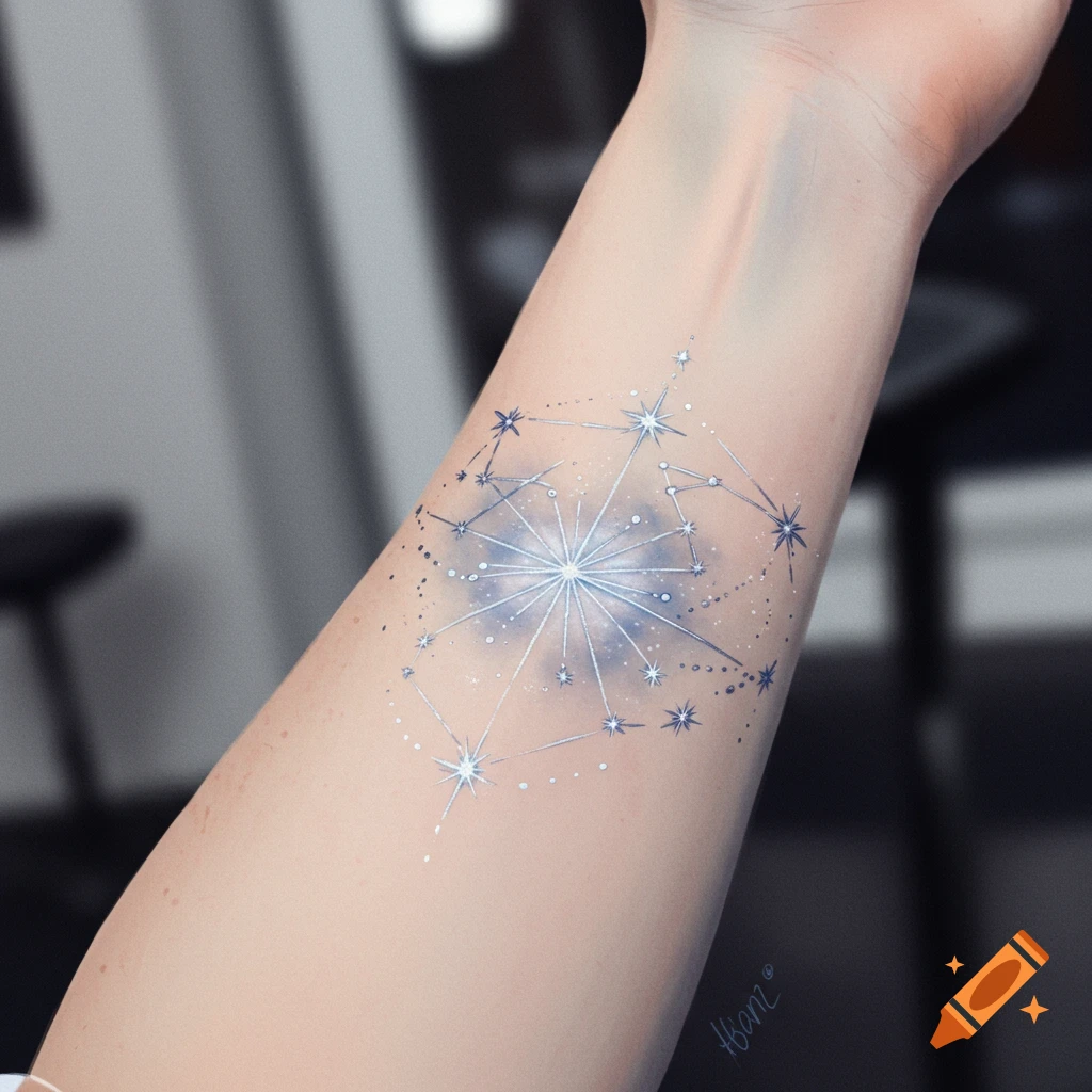 A close-up of a forearm with an intricate, glowing blue and white star constellation tattoo.