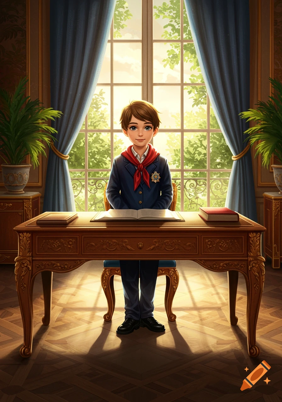 An illustrated portrait of a young boy in a blue suit with a red scarf and medal, sitting at a grand wooden desk in a regal room with large windows.