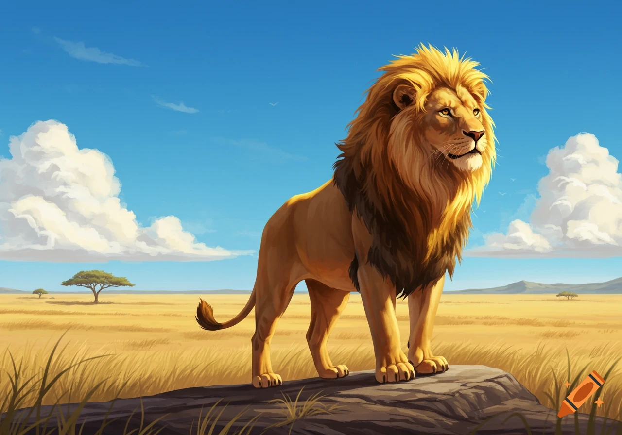 A majestic, golden-maned lion stands proudly on a rock in a sunny savanna with scattered trees and white clouds.
