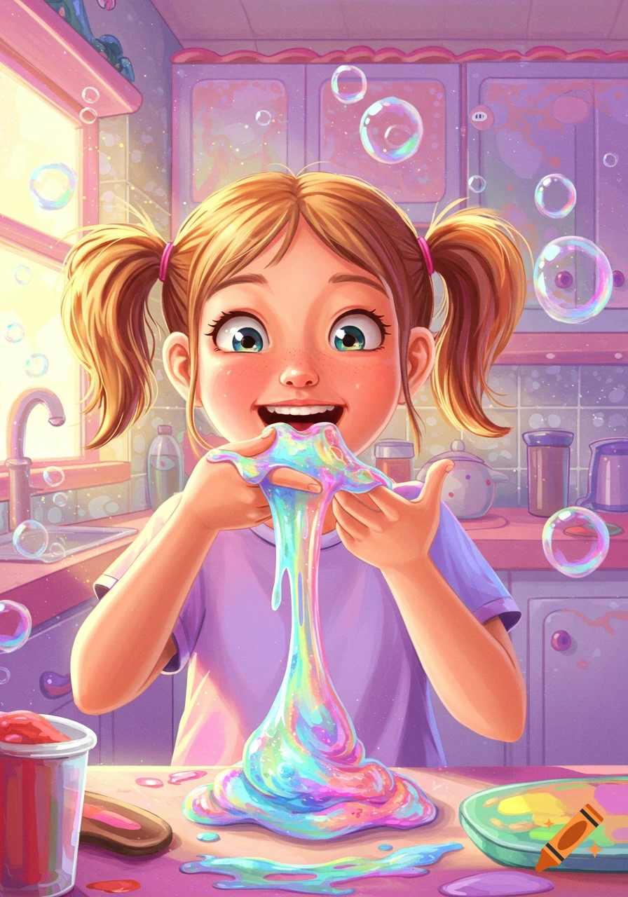 A happy cartoon girl with pigtails plays with colorful rainbow slime in a sunny kitchen filled with bubbles.