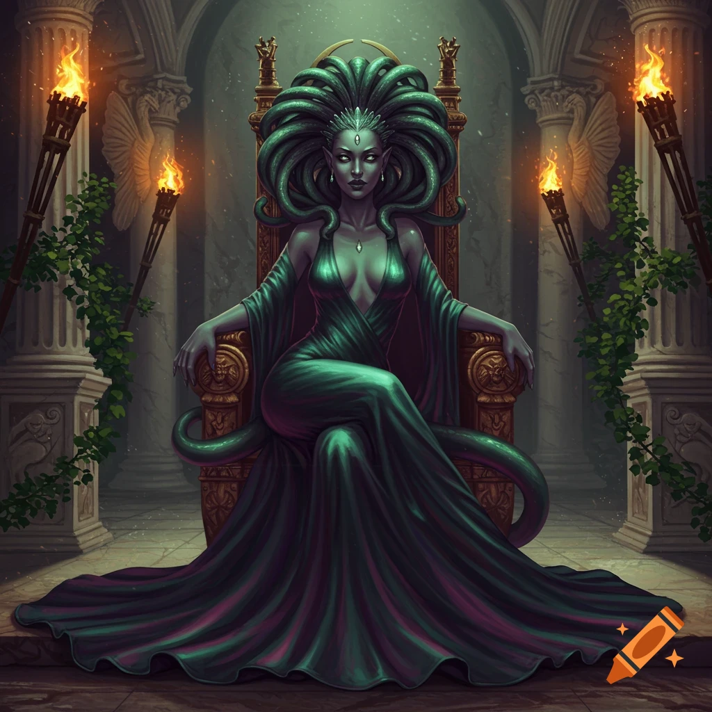 A regal Medusa-like woman with green skin and snake hair sits on an ornate golden throne in a torchlit ancient hall, wearing a long green gown.