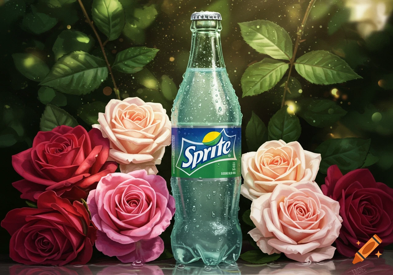 A frosty Sprite bottle covered in water droplets, surrounded by red and pink roses against a dark green leafy background, photorealistic style.