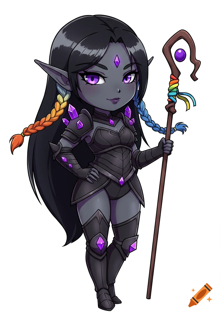 Cartoon chibi dark elf woman in black armor with purple crystals, gray skin, black hair, rainbow braids, holding a rainbow staff.