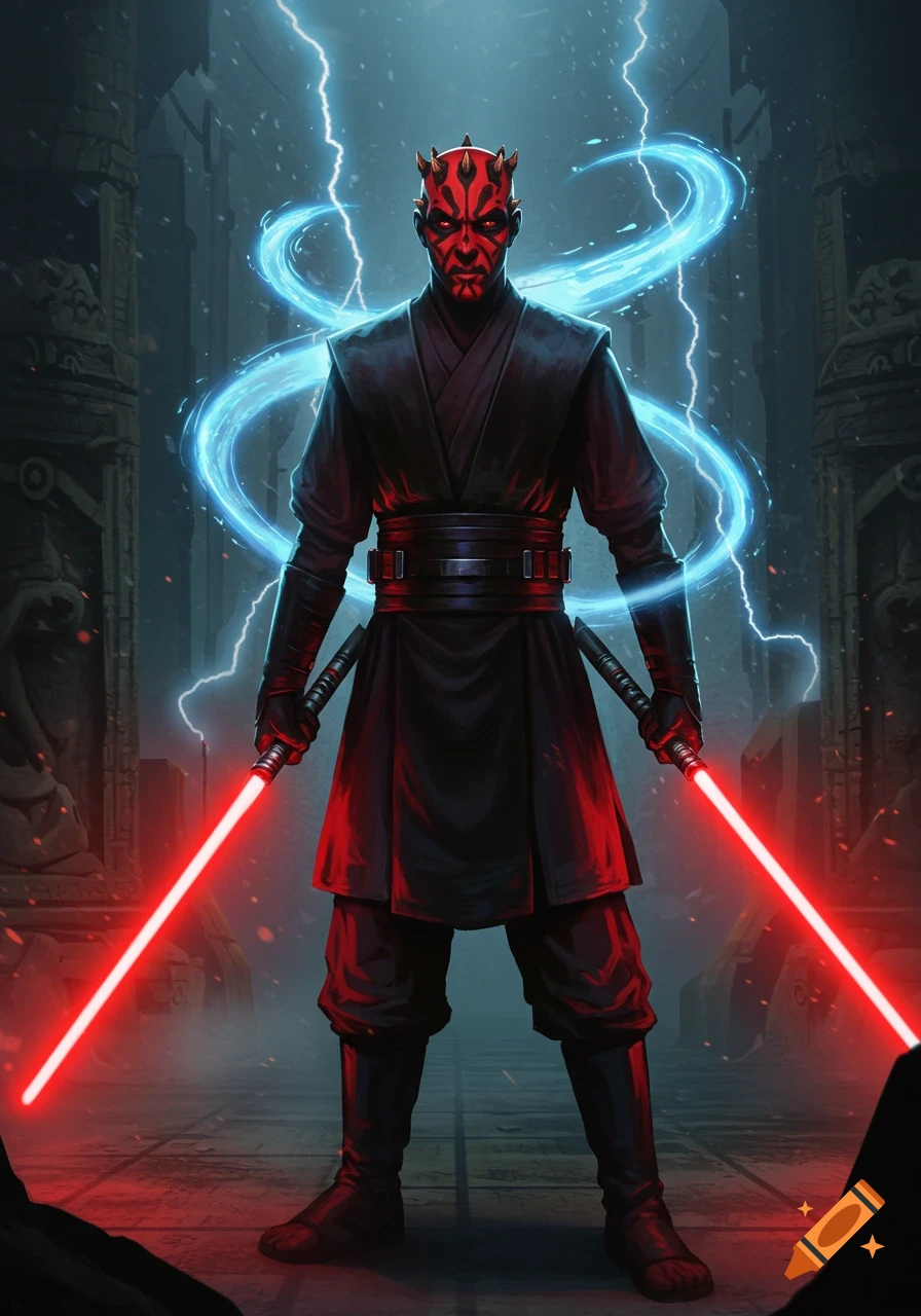 Darth Maul stands in dark ruins, holding two red lightsabers amidst blue lightning and energy. Digital art.