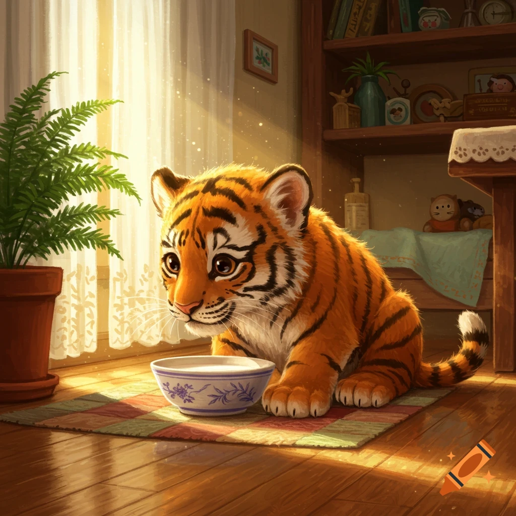 A cute, fluffy tiger cub with orange and black stripes drinks from a patterned bowl on a colorful rug in a sunlit room, illustrated.