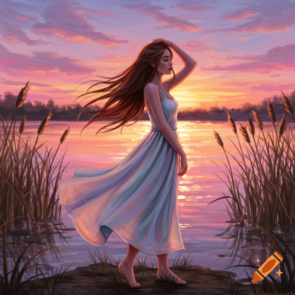 Digital painting of a woman with long hair standing barefoot by a lake at sunset, with reeds on both sides.