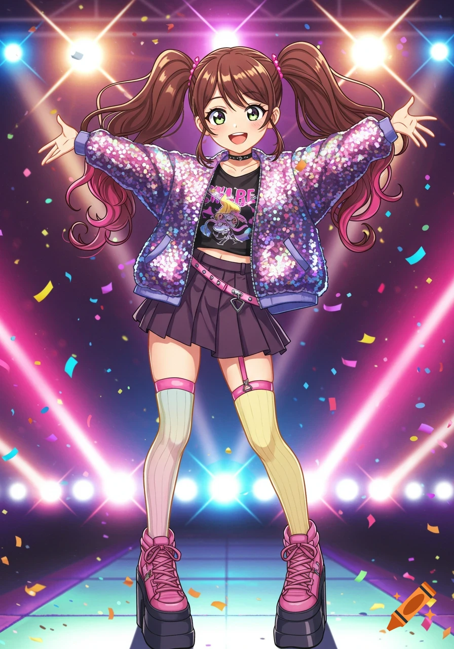 An anime girl with brown pigtails and pink highlights, wearing a sequin jacket, skirt, and platform boots, poses on a confetti-strewn stage with spotlights.