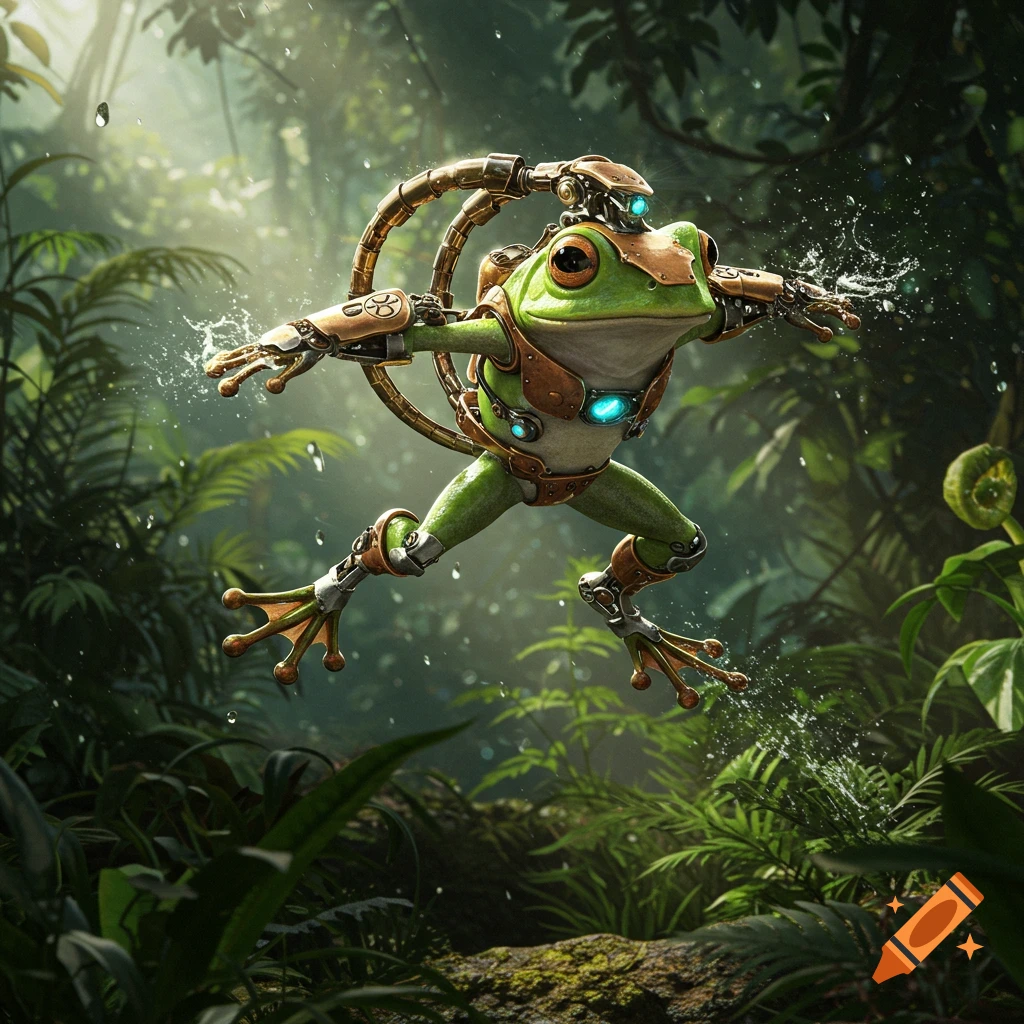 A detailed photorealistic image of a green frog leaping in a sunlit jungle, wearing steampunk 3D maneuver gear, with water splashing.