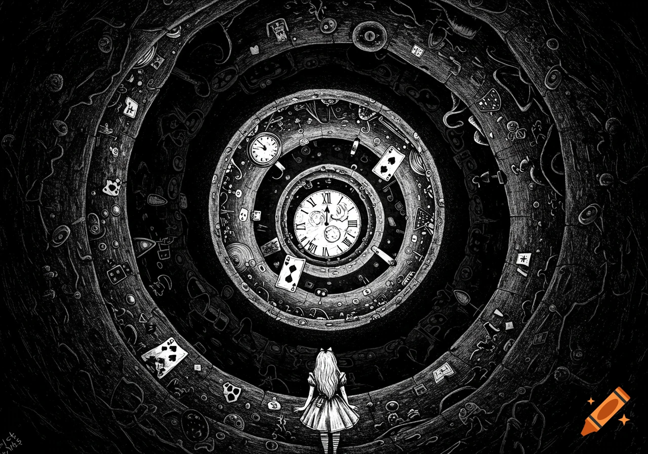 A girl in a dress looks down a spiraling black and white rabbit hole filled with clocks, playing cards, and Wonderland motifs in a detailed illustration.