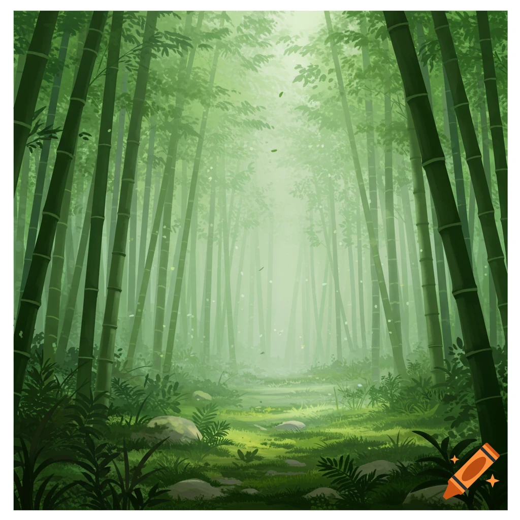 A vibrant illustration of a lush bamboo forest with light filtering through tall green stalks onto a winding path.