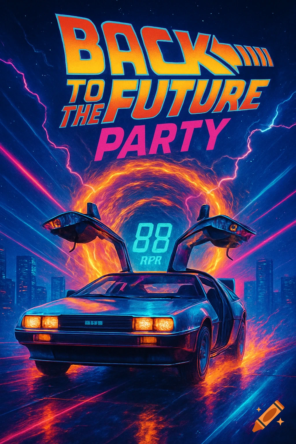 A vibrant, neon-lit poster for a "Back to the Future Party" featuring a DeLorean time machine with its doors open.