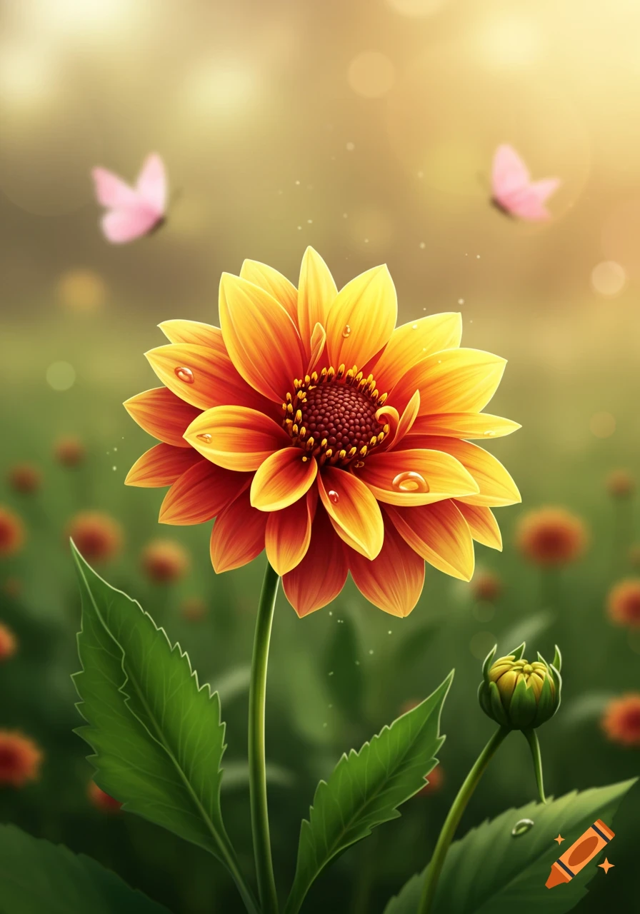 A vibrant orange and yellow dahlia with water droplets, two pink butterflies in the blurry background, and a flower bud.