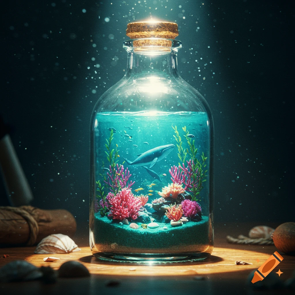 A clear bottle contains a miniature blue ocean with a whale, colorful corals, and fish, glowing on a dark table.