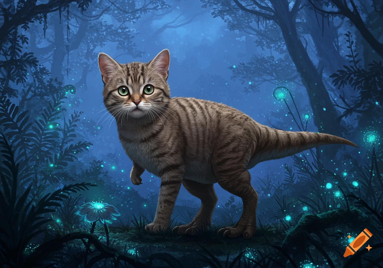 A tabby cat with a dinosaur body stands in a dark, mystical forest with glowing blue plants.