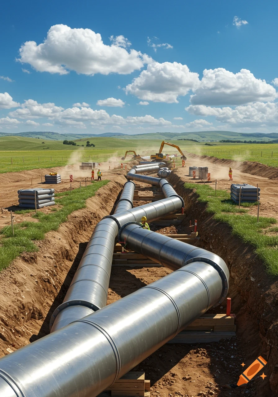 A large pipeline being installed in a trench through a green, hilly landscape with workers and excavators under a blue sky.