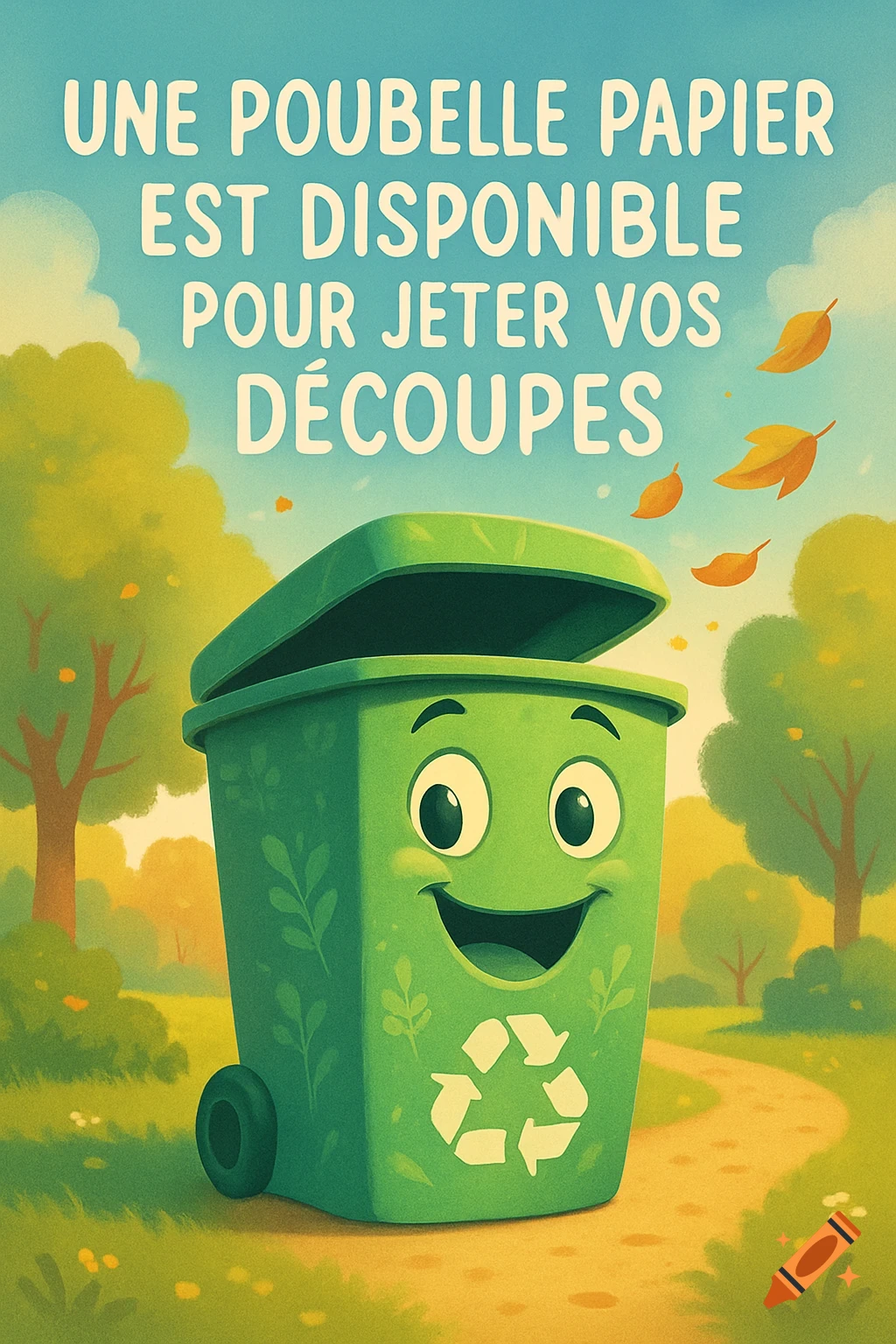 Friendly green recycling bin character with a recycling symbol in a sunny park with trees and falling leaves. Text about paper recycling.