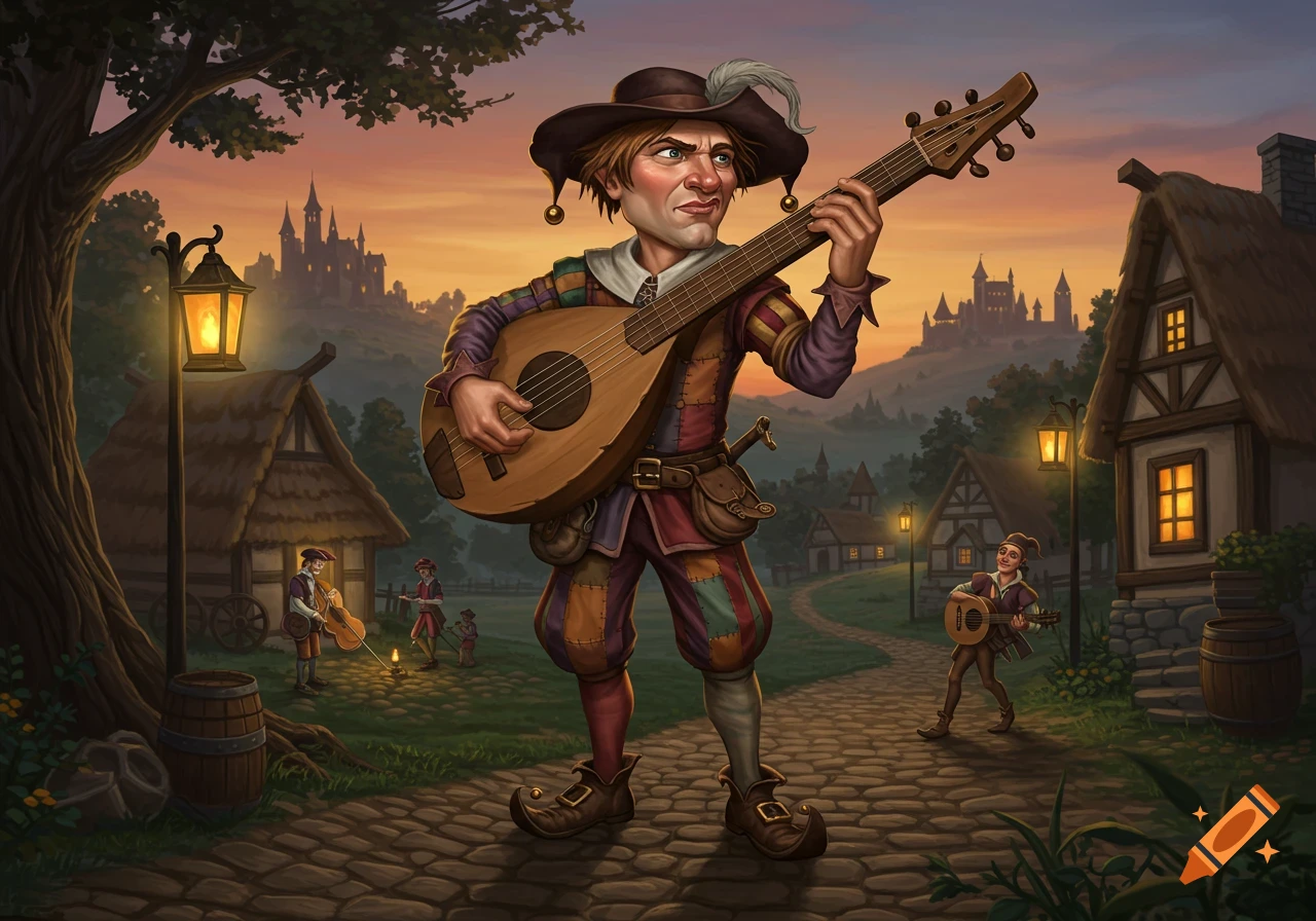 A jester plays a lute on a cobbled path in a medieval village with a castle at sunset, other musicians nearby.