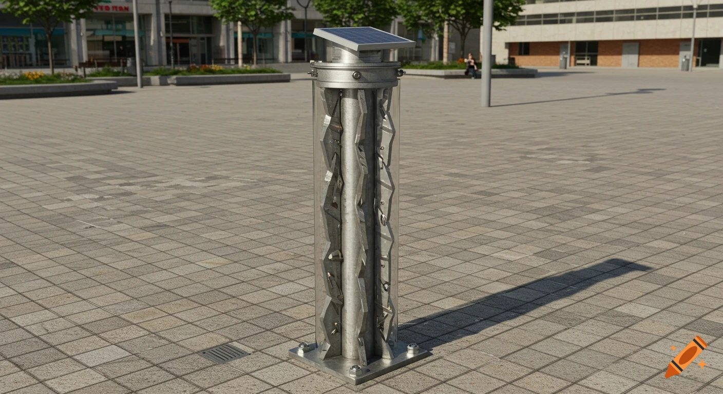 A photorealistic industrial design render of a "Knife-Light Pole" with a clear polycarbonate sleeve and solar panel cap, standing in a tiled urban plaza.