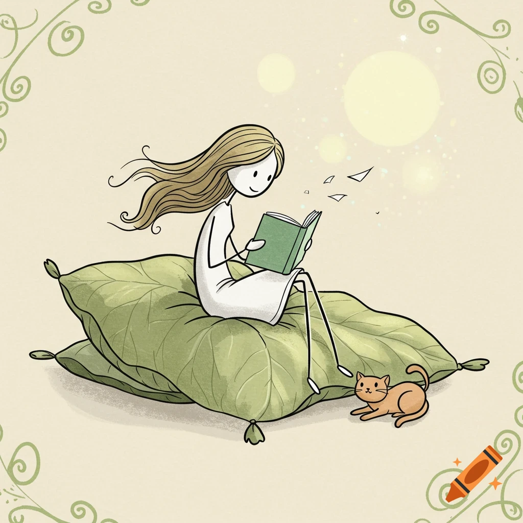 Whimsical illustration of a stick figure girl with long hair reading a green book on leaf pillows, with a small orange kitten nearby.