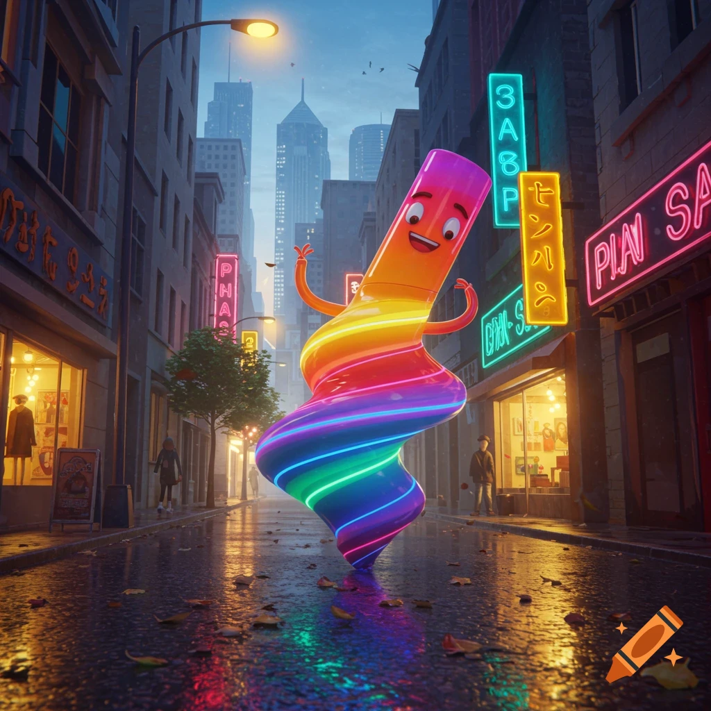 A happy, glowing, rainbow-colored, twisted character dances on a wet city street with neon signs at dusk.