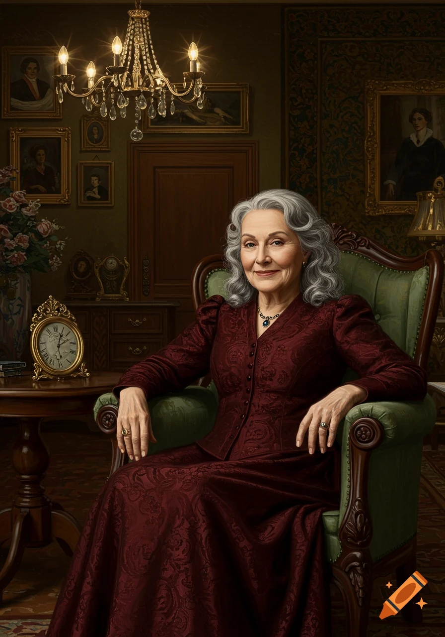 Oil painting of an elegant elderly woman with gray hair, smiling, seated in a green armchair in a richly decorated room.