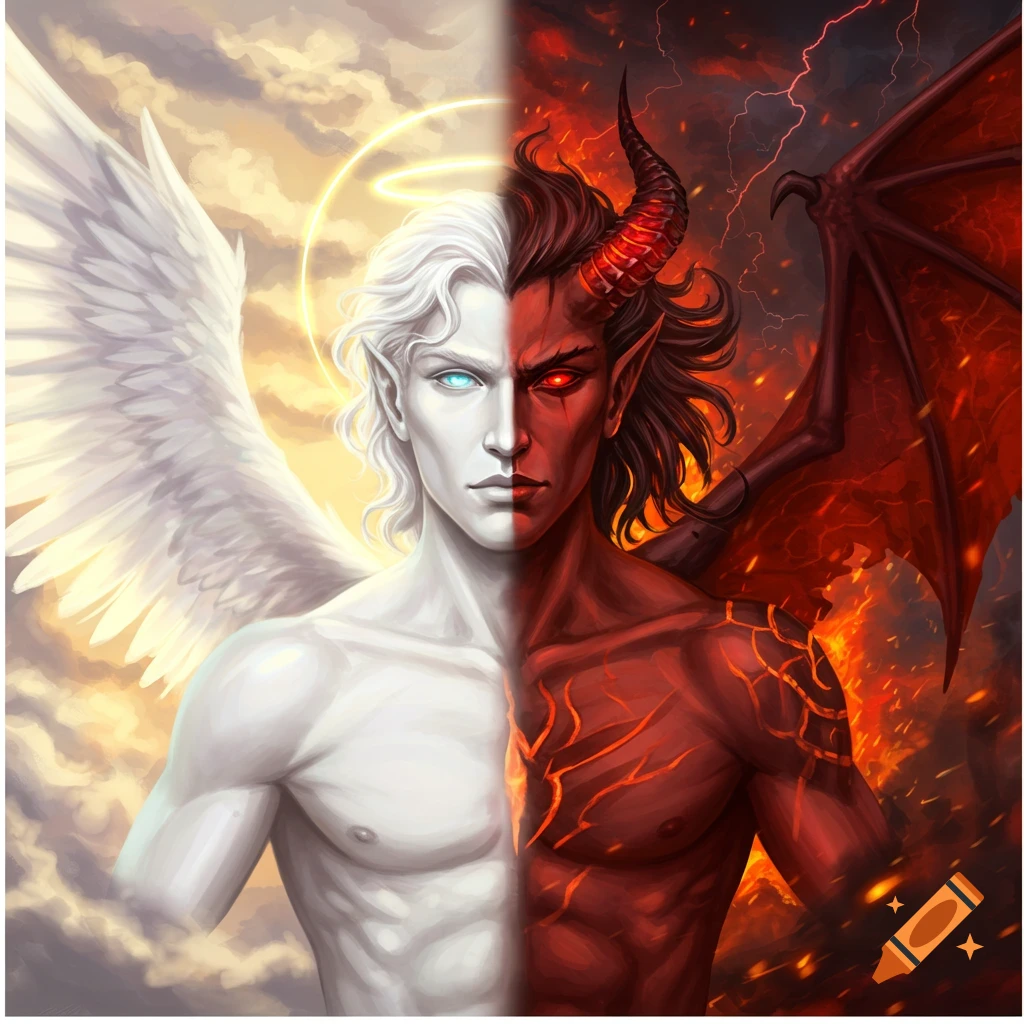 Digital painting of a figure split down the middle: a white angel with a halo and wings, and a red demon with horns and a bat-wing.