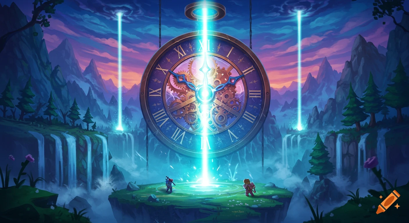 A stylized fantasy landscape with a giant, glowing clock showing intricate gears, waterfalls, mountains, and two small figures under beams of light.