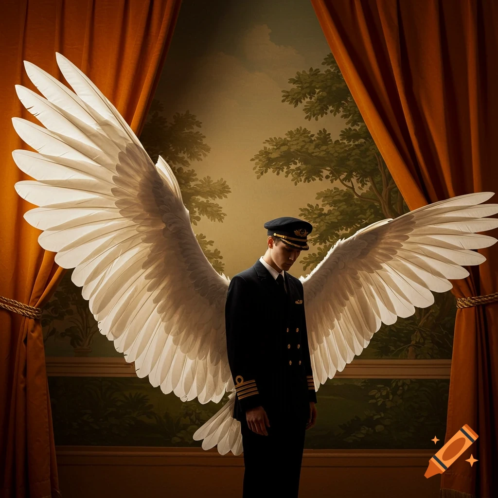 A dreamlike portrait of a pilot with huge white wings, head bowed, standing against orange curtains and a tree mural.