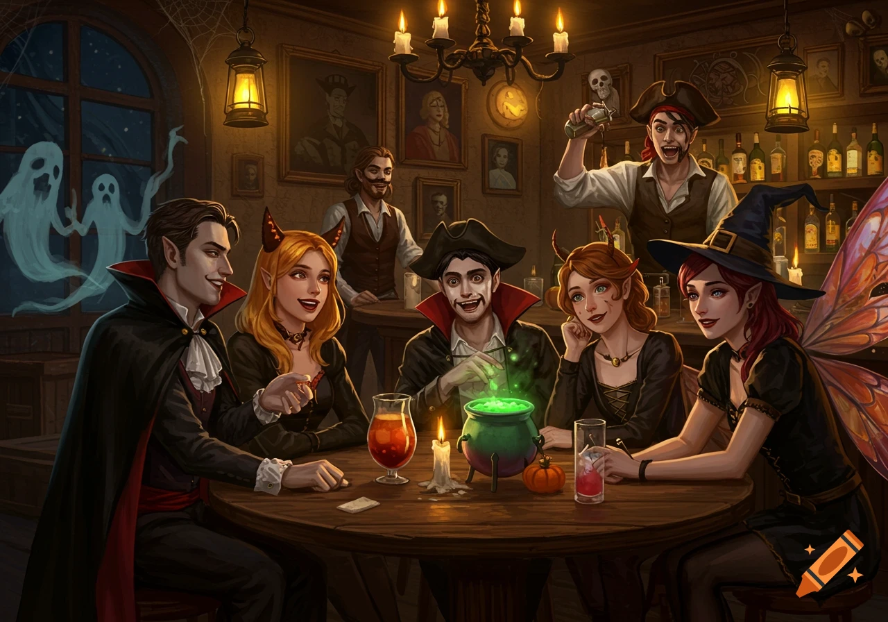 A group of friends in Halloween costumes, including a vampire, devils, a pirate, and a witch, gather at a bar.