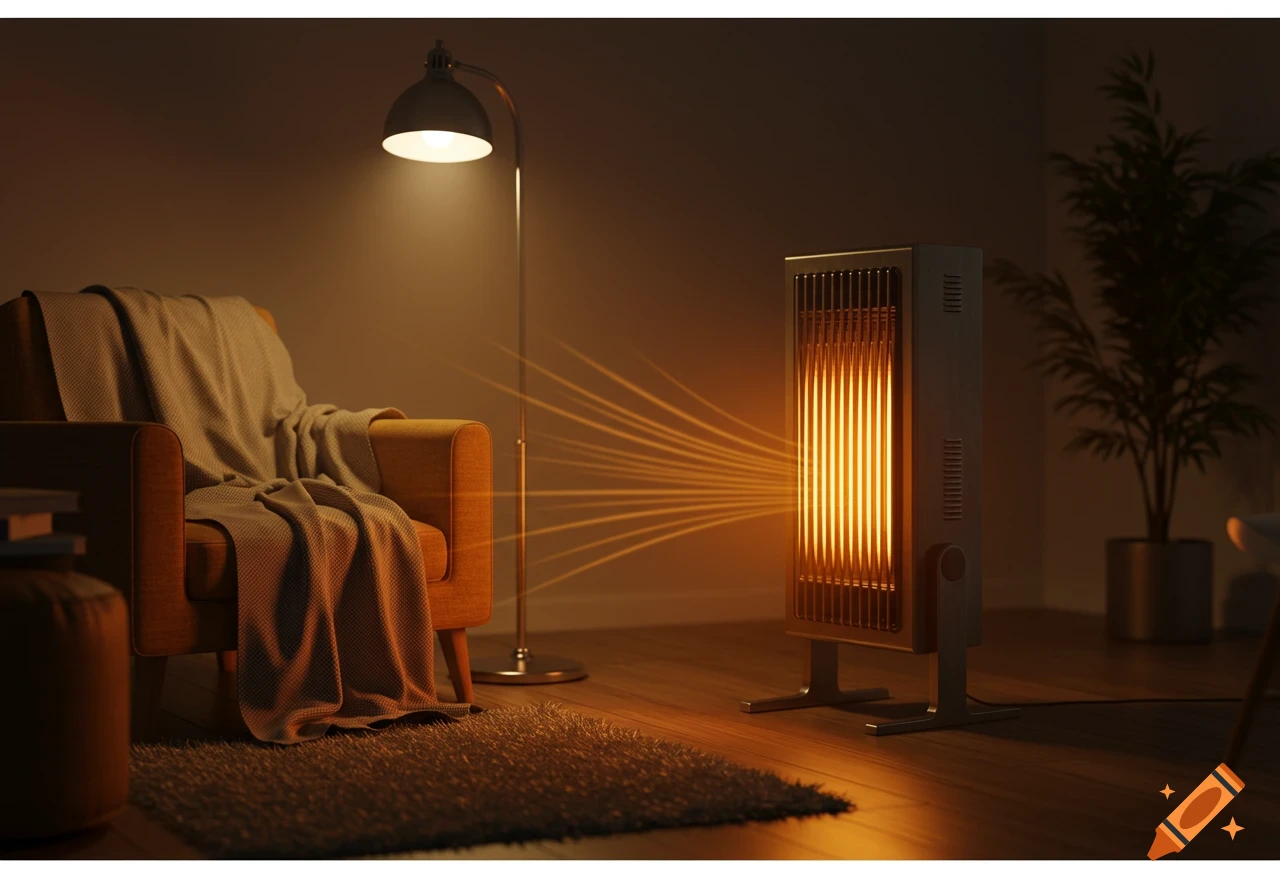 A photorealistic heater warms a cozy room with an armchair and floor lamp.
