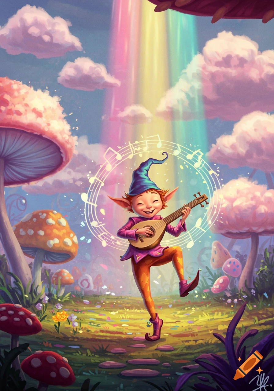 A joyful, elf-like creature plays a lute and dances in a whimsical mushroom forest with a rainbow sky, in an illustrative style.