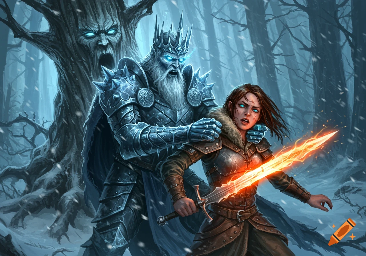 A dark fantasy painting of an undead king in icy armor grabbing a warrior's throat in a snowy forest with a screaming, gnarled tree.
